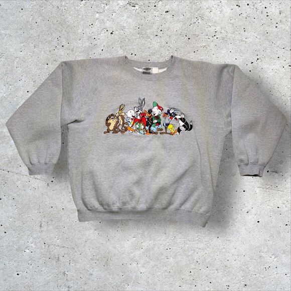 1992 Acme Clothing Looney Tunes Embroidered Characters Sweatshirt Gray Sz L/XL - Picture 1 of 11